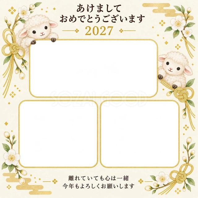 三つの窓と金の結び目の無料年賀状イラスト