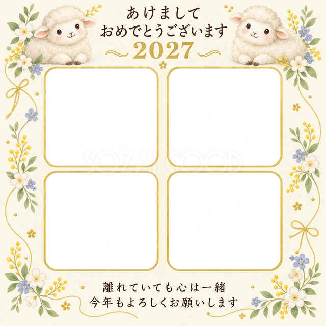 四つの窓と小花の無料年賀状イラスト