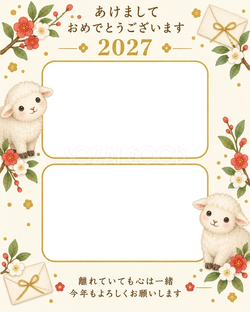 縦長のふたりの手紙の無料年賀状イラスト