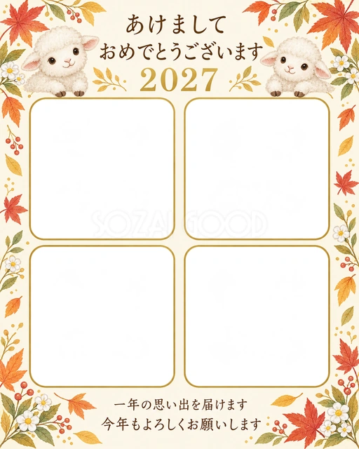 四つの窓と秋の葉の無料年賀状イラスト