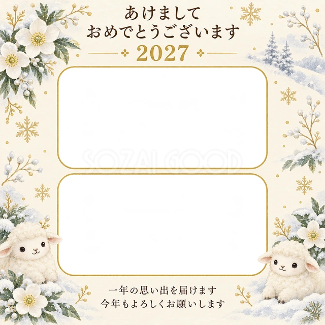 冬の雪と白い花の無料年賀状イラスト