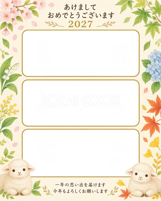 縦長の三つの窓と四季の葉の無料年賀状イラスト