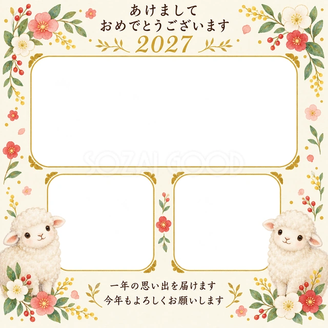 三つの窓と小花の無料年賀状イラスト