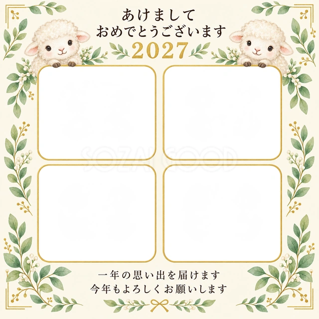 四つの窓と緑の葉の無料年賀状イラスト