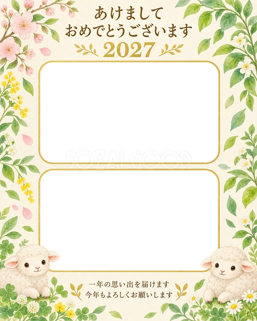 縦長の春と夏の葉の無料年賀状イラスト
