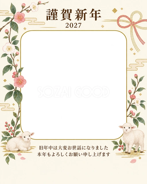 縦の植物飾り・控えめな梅の無料年賀状イラスト