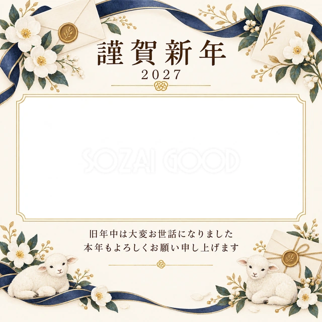 紺色の晴れやかさ・白い花の無料年賀状イラスト