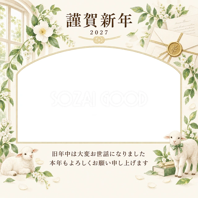 若葉の窓辺・白い花の無料年賀状イラスト