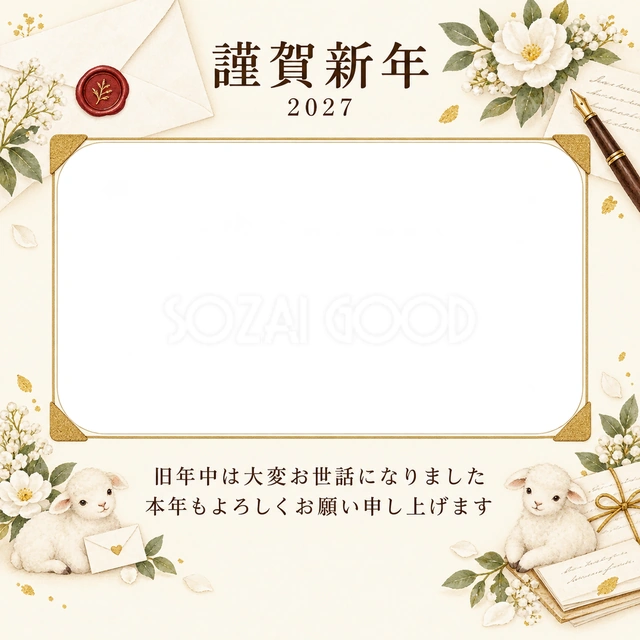 アルバムの一頁・白い花の無料年賀状イラスト