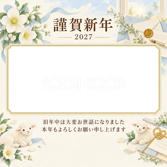 水色の朝・白い花の無料年賀状イラスト