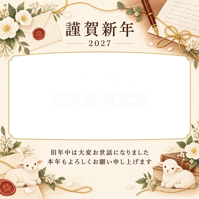 木のぬくもり・白い花の無料年賀状イラスト