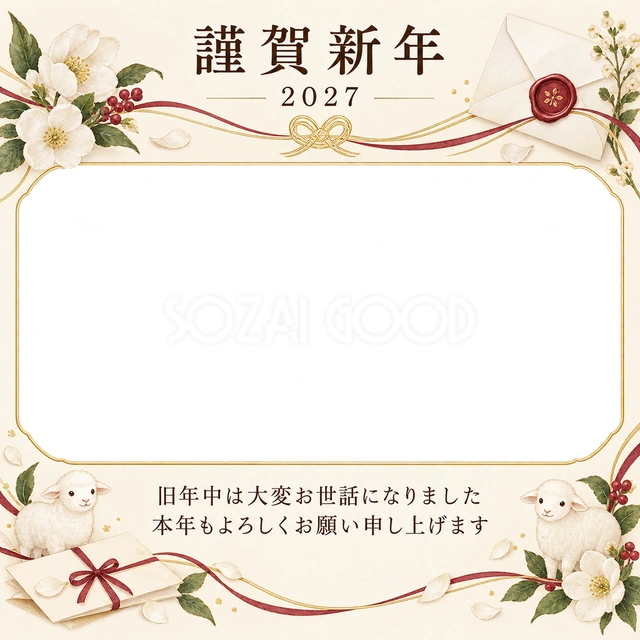 祝う結び目・白い花の無料年賀状イラスト