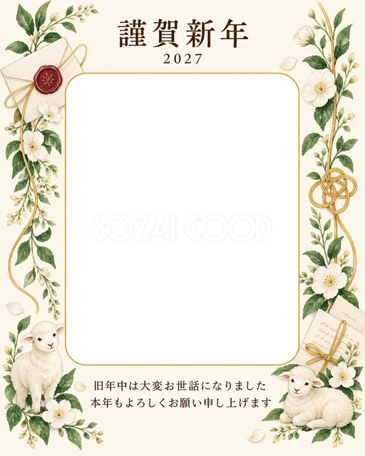 縦の植物飾り・白い花の無料年賀状イラスト