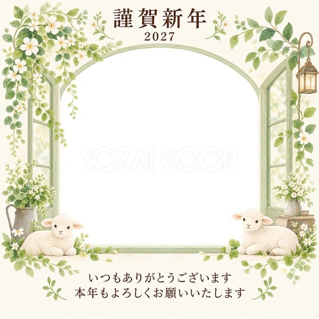 若葉の窓辺・小花の無料年賀状イラスト