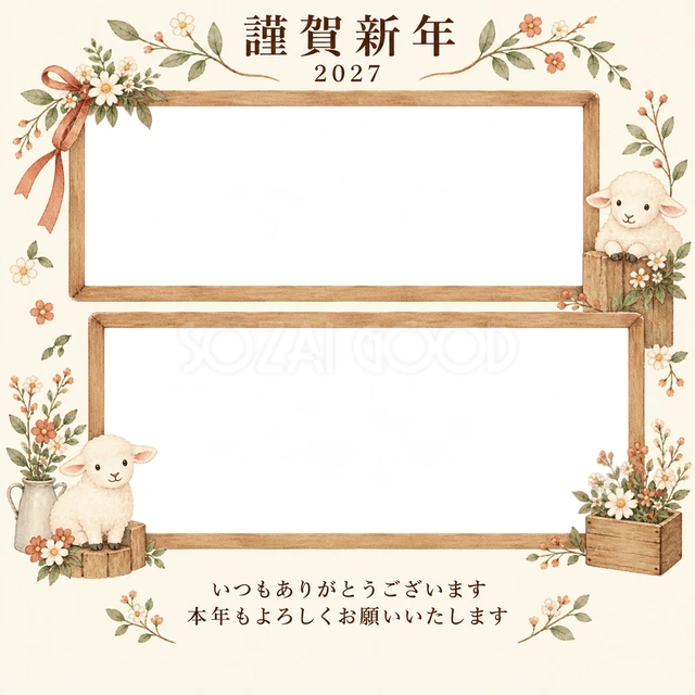 木のぬくもり・小花の無料年賀状イラスト
