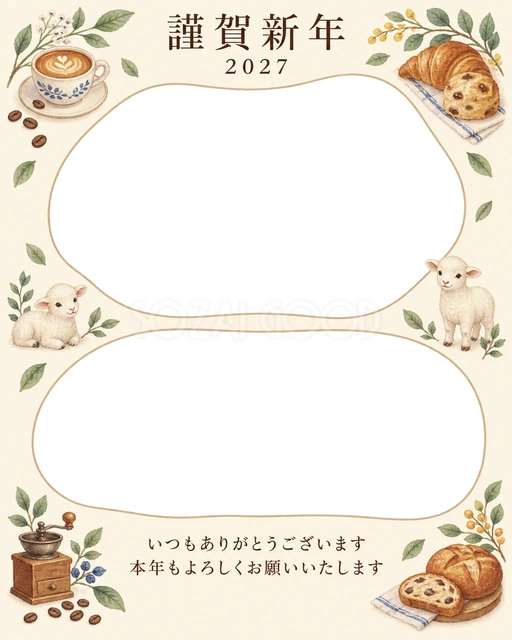 季節をつなぐ・小さなカップの無料年賀状イラスト