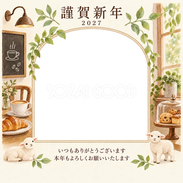 若葉の窓辺・小さなカップの無料年賀状イラスト