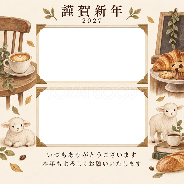 アルバムの一頁・小さなカップの無料年賀状イラスト