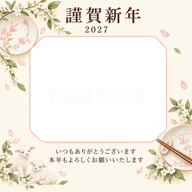 桃色のやさしさ・皿の無料年賀状イラスト