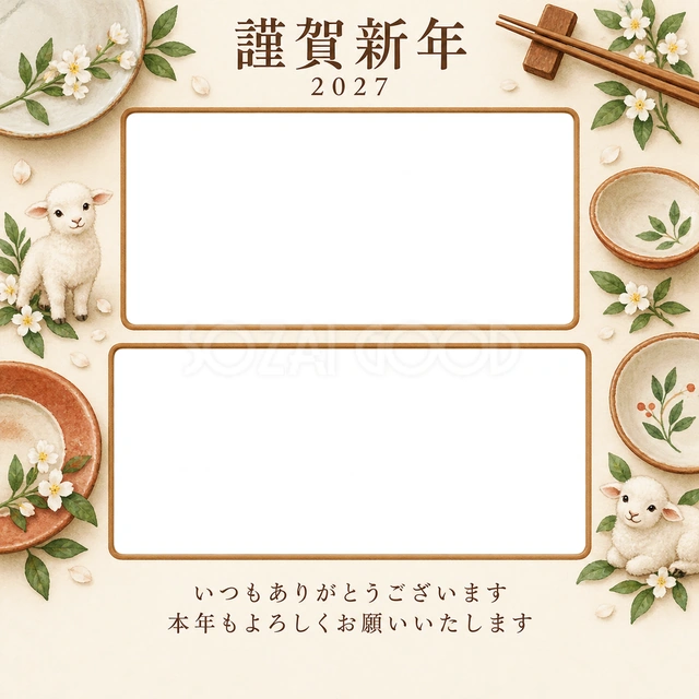 木のぬくもり・皿の無料年賀状イラスト