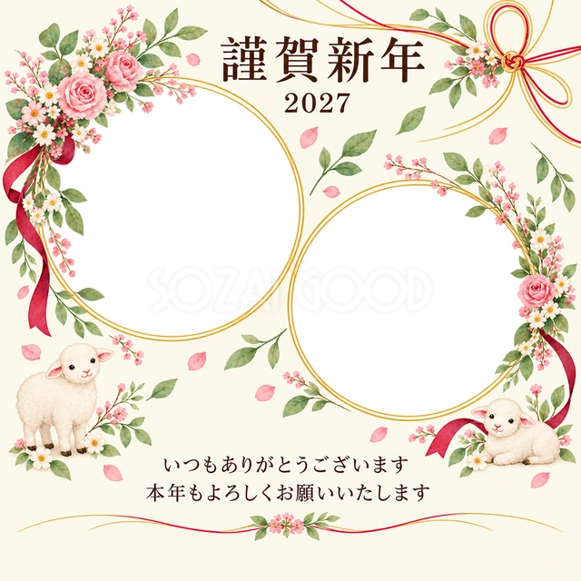 祝う結び目・小花の束の無料年賀状イラスト