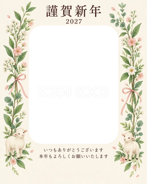 縦の植物飾り・小花の束の無料年賀状イラスト