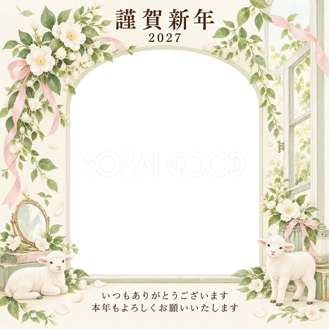 若葉の窓辺・白い花の無料年賀状イラスト