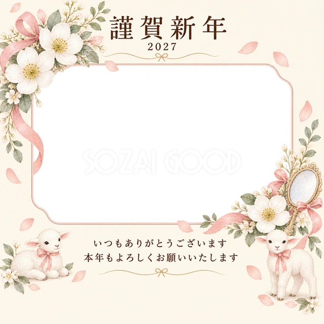 桃色のやさしさ・白い花の無料年賀状イラスト