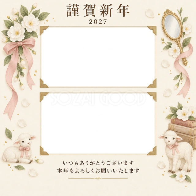 アルバムの一頁・白い花の無料年賀状イラスト