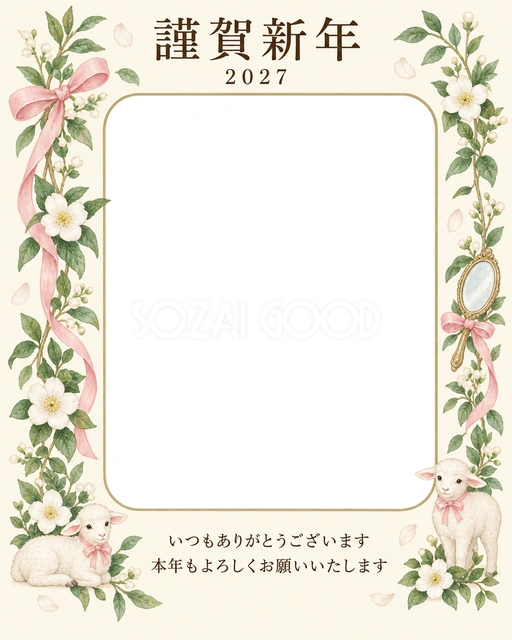 縦の植物飾り・白い花の無料年賀状イラスト