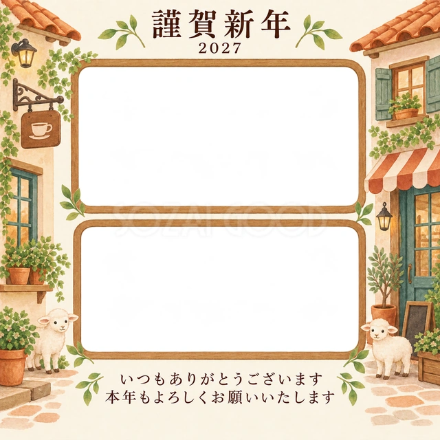 木のぬくもり・小さな屋根の無料年賀状イラスト