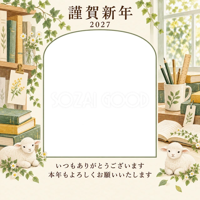 若葉の窓辺・本の無料年賀状イラスト