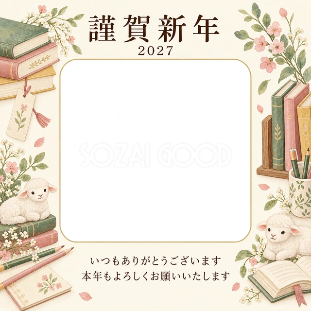 桃色のやさしさ・本の無料年賀状イラスト