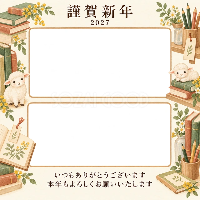 木のぬくもり・本の無料年賀状イラスト