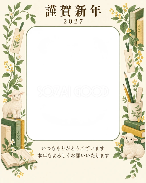 縦の植物飾り・本の無料年賀状イラスト
