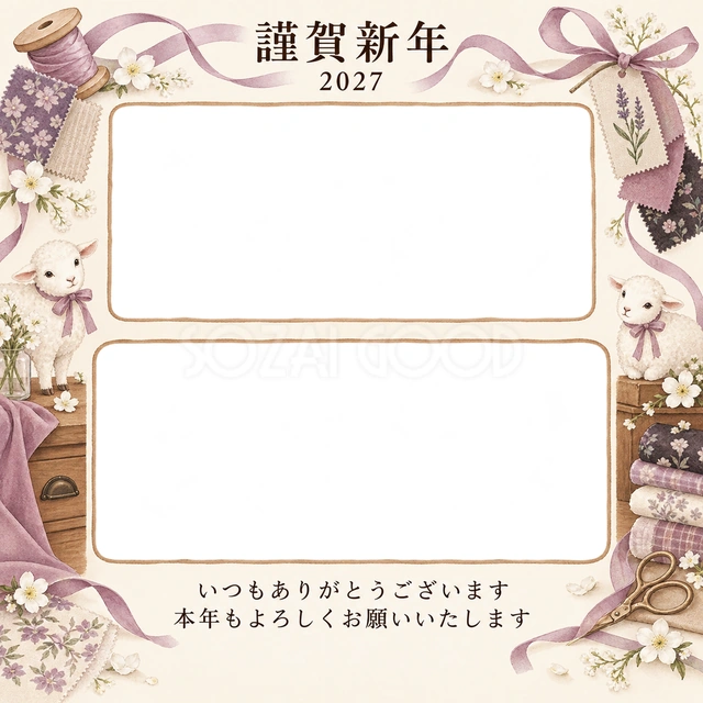 木のぬくもり・細いリボンの無料年賀状イラスト