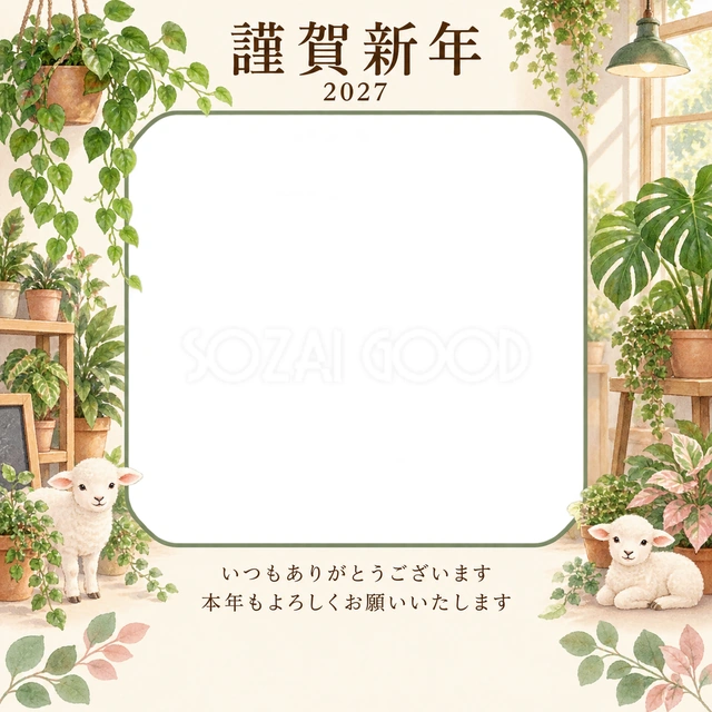 桃色のやさしさ・観葉植物の無料年賀状イラスト