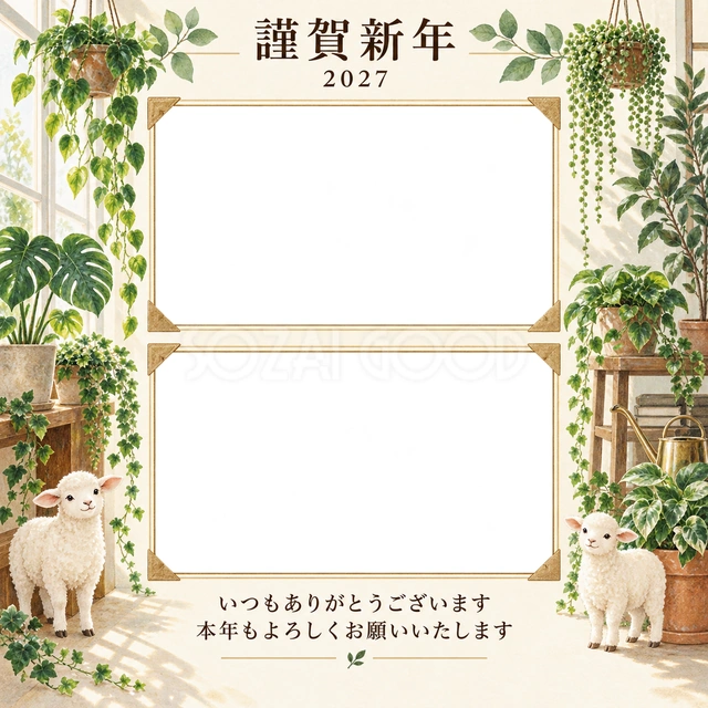アルバムの一頁・観葉植物の無料年賀状イラスト