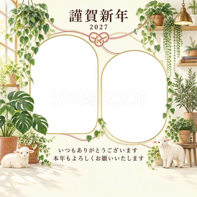 祝う結び目・観葉植物の無料年賀状イラスト