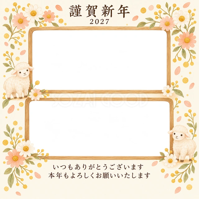 木のぬくもり・丸い小花の無料年賀状イラスト