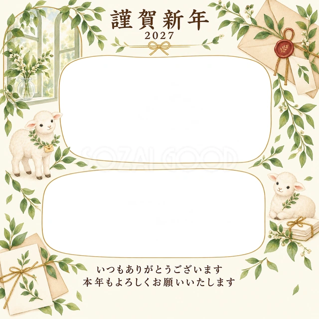 若葉の窓辺・手紙の無料年賀状イラスト
