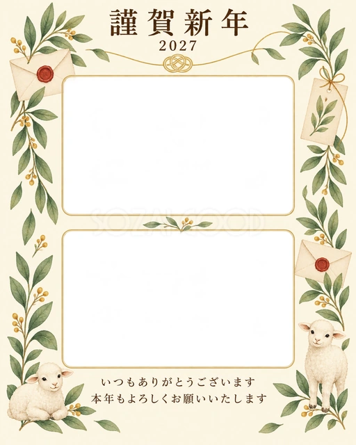 縦の植物飾り・手紙の無料年賀状イラスト