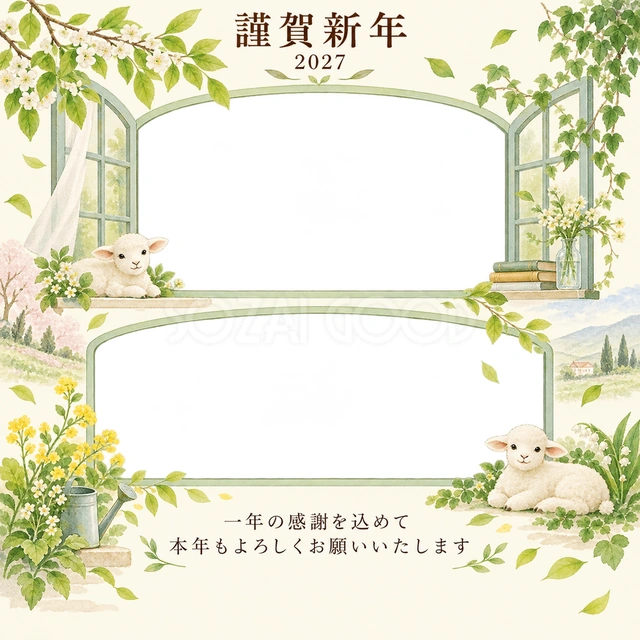 若葉の窓辺・写真アルバムの無料年賀状イラスト