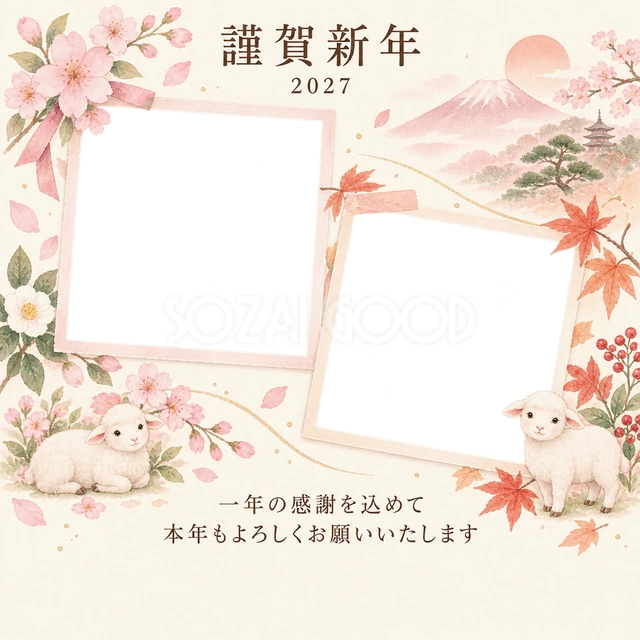 桃色のやさしさ・写真アルバムの無料年賀状イラスト