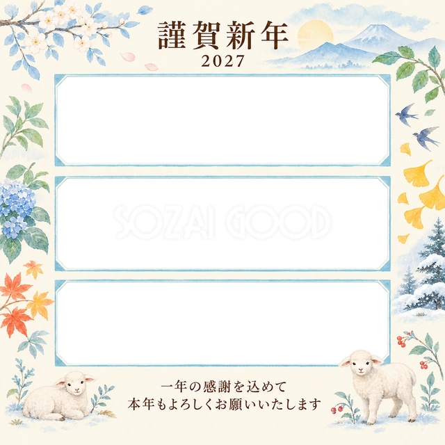 水色の朝・写真アルバムの無料年賀状イラスト