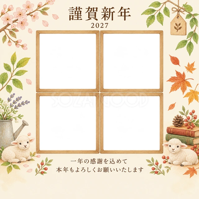 木のぬくもり・写真アルバムの無料年賀状イラスト