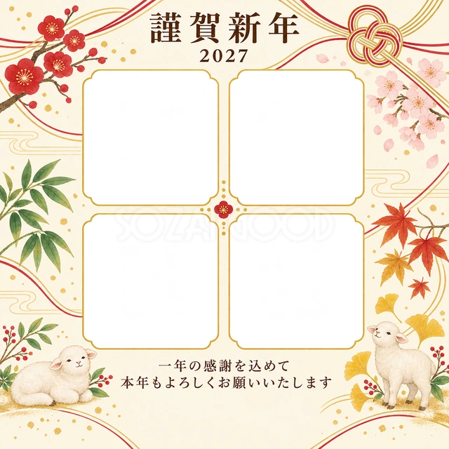祝う結び目・写真アルバムの無料年賀状イラスト