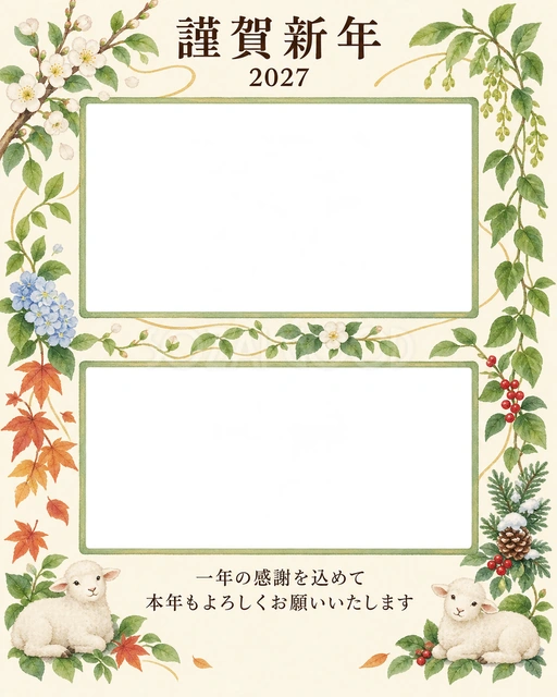縦の植物飾り・写真アルバムの無料年賀状イラスト