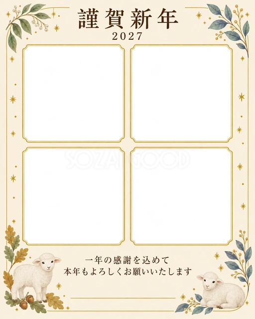 季節をつなぐ・細い金枠の無料年賀状イラスト