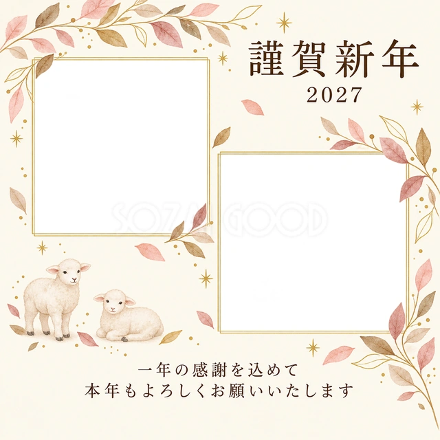 桃色のやさしさ・細い金枠の無料年賀状イラスト
